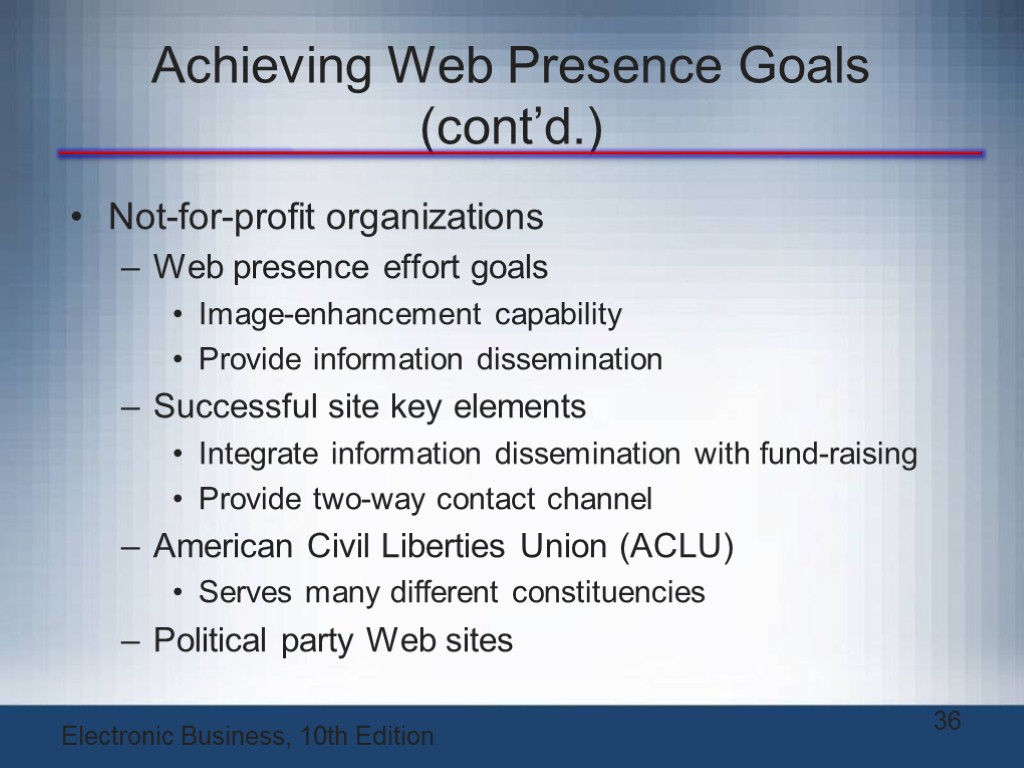 Achieving Web Presence Goals (cont’d.) Not-for-profit organizations Web presence effort goals Image-enhancement capability Provide
